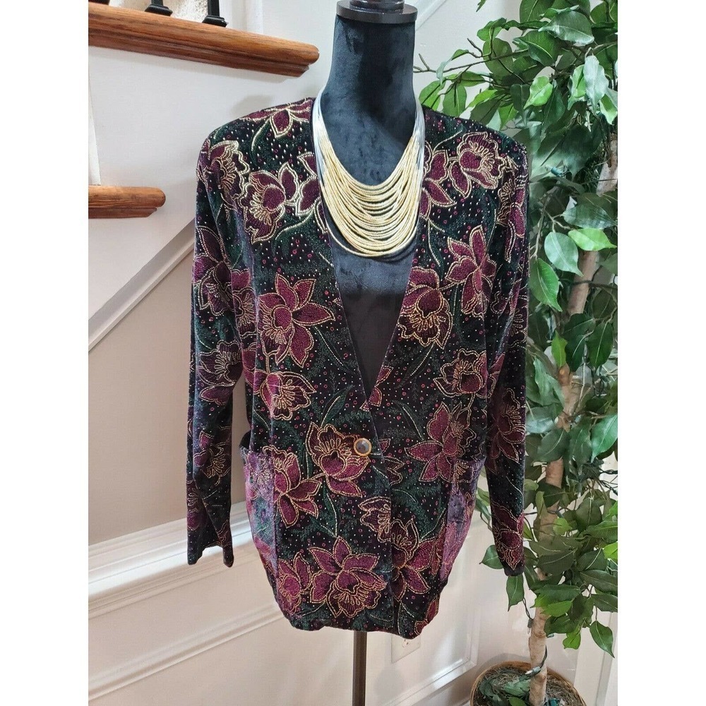 Vintage Jeri Marque Black Floral Acetate‎ Single Breasted Casual Blazer Size M